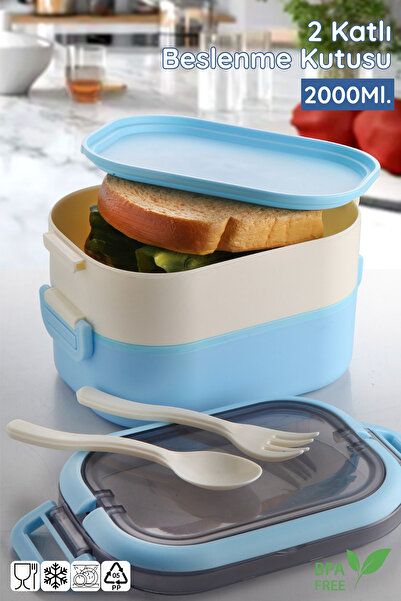 Nandy Home Cutie de prânz cu 2 niveluri - Recipient pentru depozitarea și transportul alimentelor (inclusiv furculiță și lingură)