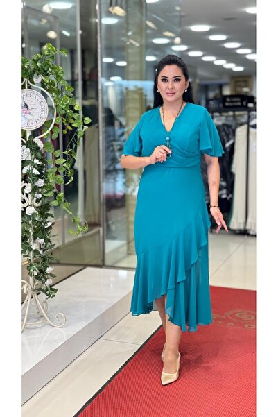 live forever فستان سهرة من الشيفون بقصة غير متماثلة وأكمام قصيرة وياقة كبيرة ...