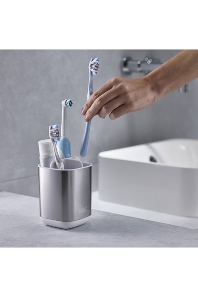 Joseph Joseph Suport periuță de dinți EasyStore 70530, 12x9.5x9.5cm, Detașabil, Orificiu de scurgere, Alb/Oțel inox