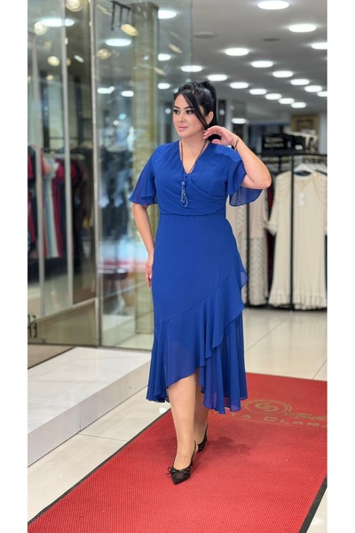 live forever Büyük Beden Kruvaze Yaka Kısa Kollu Asimetrik Kesim Şifon Abiye ...