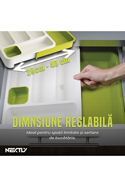 NEXTLY Adjustable Cutlery Tray Organizer, 6 Compartments, 29-48cm, ABS, White-Green