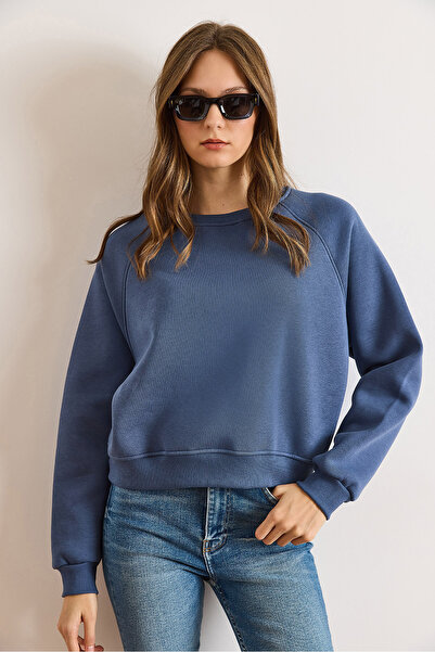 Olalook Kadın İndigo Dikiş Detaylı Reglan Kol Sweatshirt SWT-19000772