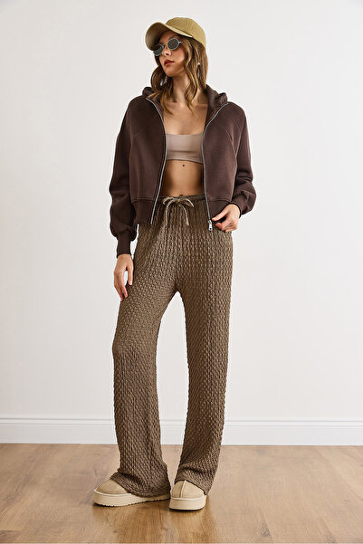 Olalook Women's Mink Pocketed Elastic Waist Textured Palazzo Pants Pnt-19000377