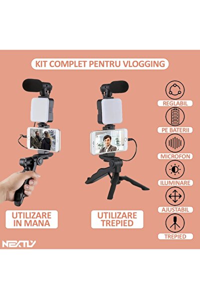 NEXTLY Kit Vlogging: Set Pro Portabil cu Microfon, Lumină LED, Suport Telefon și Trepied - Negru