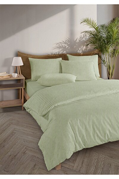 Monolisse Striped %100 Cotton Ranforce Yezra Green Yarn Dyed Duvet Cover Set Single - 160X220 cm
