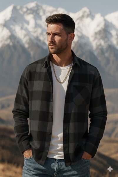 YNGMENCLASS Single Pocket Detail Carded Textured Cashmere Cotton Collar Buttoned Winter Woodcutter Shirt