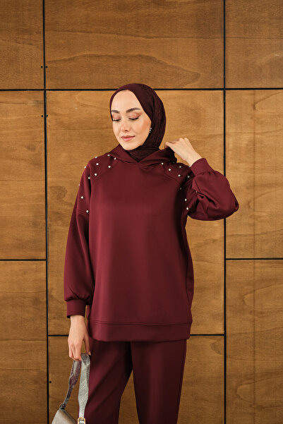 LOCCO Women's Shoulder Stone Detail Hooded Set Burgundy