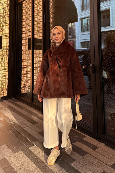 LOCCO Γυναικείο βελούδινο μπουφάν με λεπτομέρεια σάλι καφέ