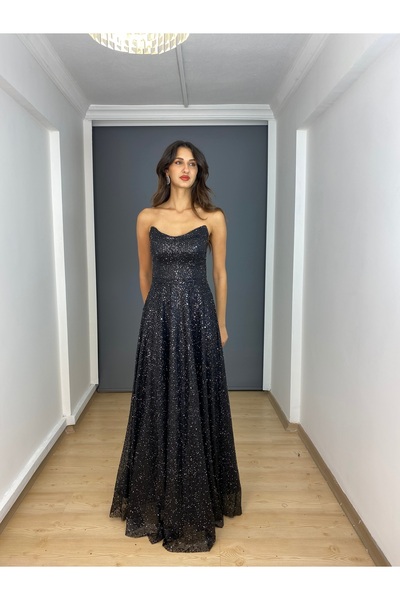 gökkuşagı moda Siyah Straplez Sırtı Bağlamalı Sim Pullu Kloş Uzun Abiye Elbise
