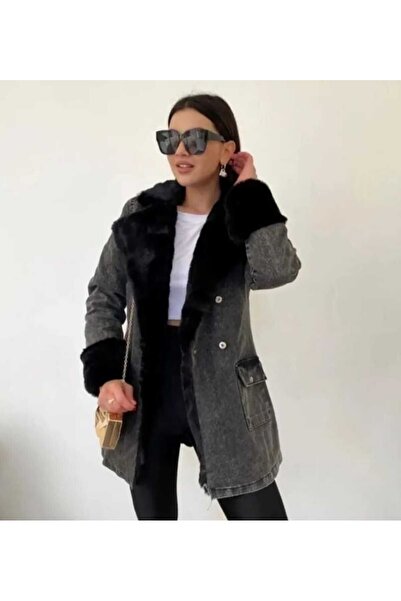 Kısmetin Butiği Women's Furry Denim Jacket Coat Coat Keeps Warm Fur Inside Ma...