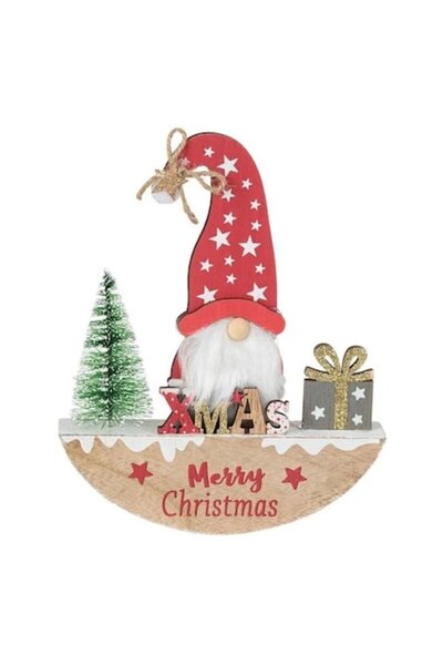 OEM Коледна дървена декорация - полукръгла поставка с гном, елха и подарък, 1...