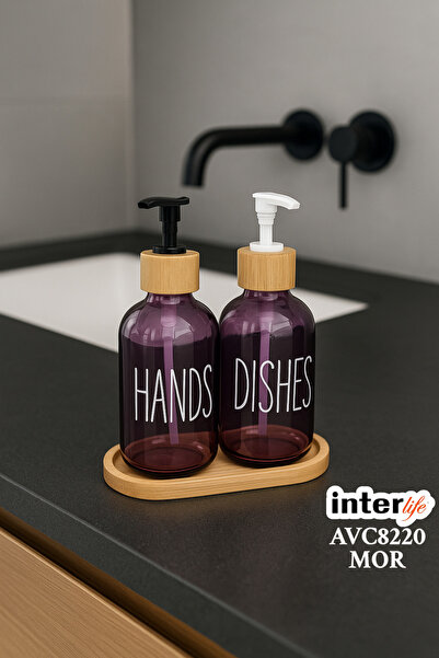 İnterlife 2li Bambu Stantlı Renkli Sıvı Sabunluk Bambu Kapaklı 550 ML Cam Sıv...