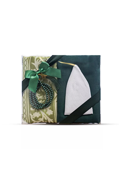 Hayrat Neşriyat Seccade + Scarf + Skullcap + Prayer Beads Gift Set (Acetate Boxed, Green)