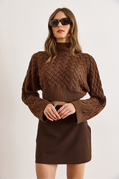 Olalook Women's Brown Wide Sleeve Detailed Knit Detailed Crop Knitwear Sweater Kzk-19001040