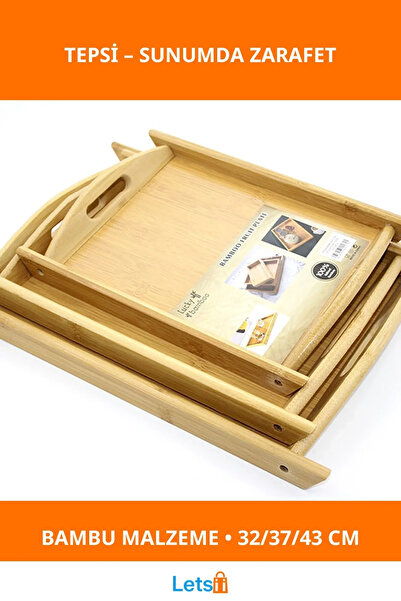 Letsii طقم صواني من الخيزران الطبيعي مكون من 3 قطع 32 سم، 37 سم، 43 سم