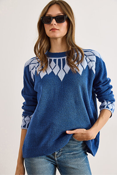 Olalook Kadın İndigo Yaka Manşet Detaylı Triko Kazak KZK-19001023