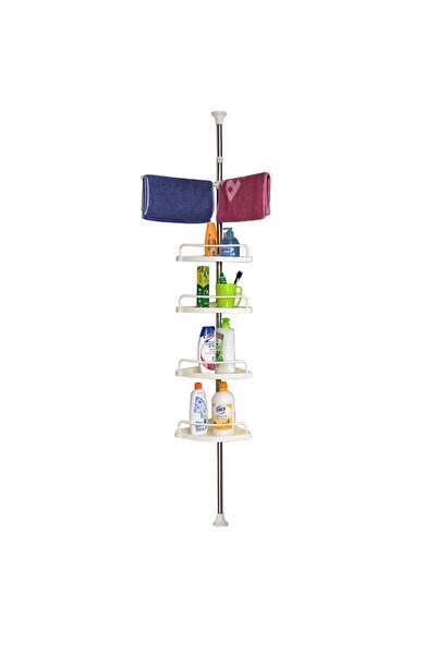 MACVI ® Expandable Corner Bathroom Shelf, 4 Shelves with Hanger, 3 Hooks, 100–260 cm, White