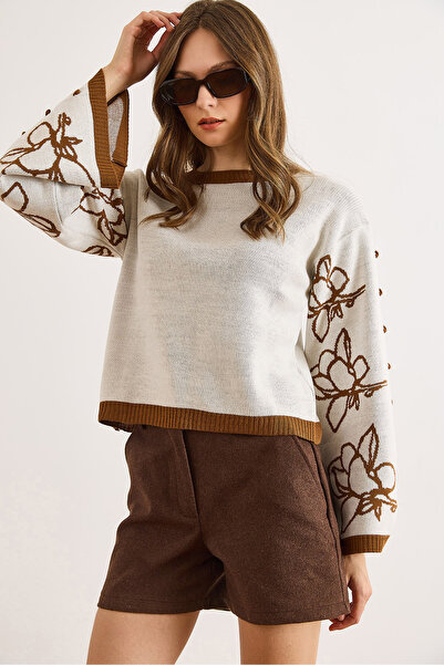 Olalook Pulover tricotat cu mâneci spaniole cu pene de cămilă ecru pentru femei KZK-19000827