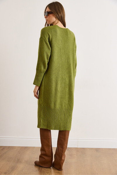 Olalook Women's Oil Green Pocketed Soft Textured Midi Knit Cardigan Hrk-19000438