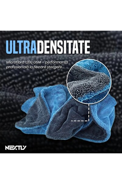 NEXTLY Prosop de uscare auto ProDry ultra-moale din microfibră, absorbție ridicată, 38x38cm, albastru-gri