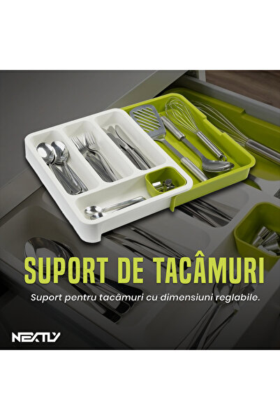 NEXTLY Adjustable Cutlery Tray Organizer, 6 Compartments, 29-48cm, ABS, White-Green