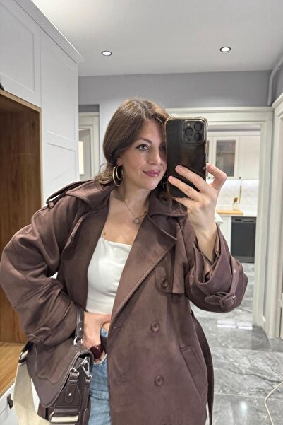 Banu Angay Veloura Süet Trençkot Acı Kahve