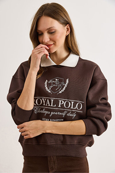 Olalook Kadın Kahverengi Polo Yaka Nakışlı Şardonlu Sweatshirt SWT-19000773