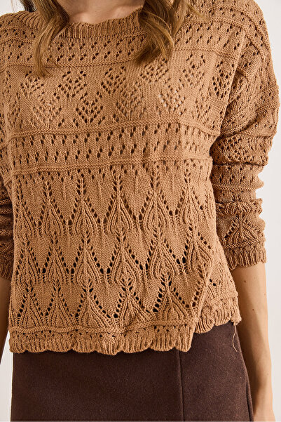 Olalook Kadın Taba Geometrik Ajur Detaylı Triko Kazak KZK-19001044