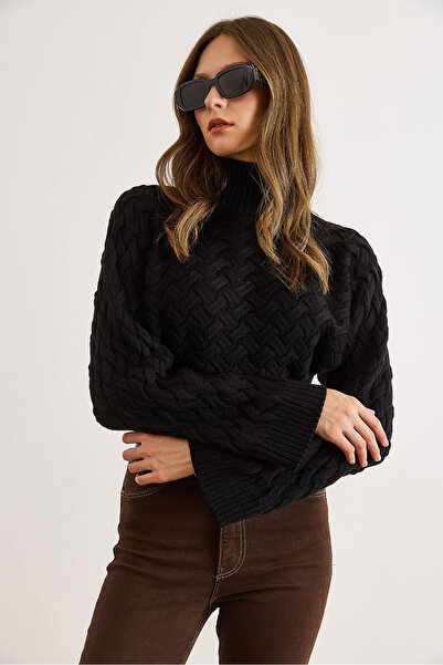 Olalook Women's Black Wide Sleeve Detailed Knit Detailed Crop Knitwear Sweater Kzk-19001040