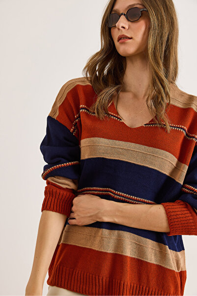 Olalook Pulover tricotat pentru femei, cu decolteu în V, bloc de culoare KZK-19001024