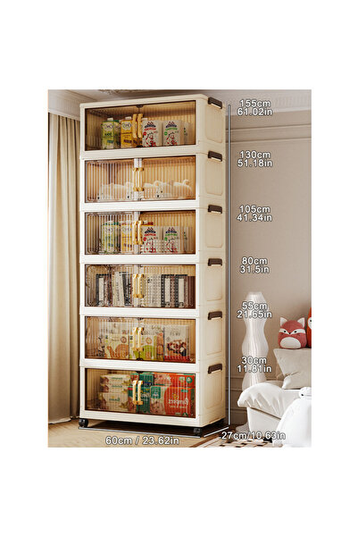Generic 6-Tier Foldable Plastic Storage Cabinet with Handles, Magnetic Double Doors and Wheels, 60cm Wide