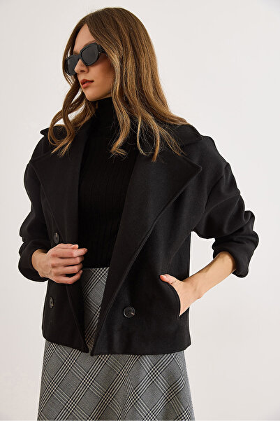 Olalook Palton scurt din piele intoarsa cu decolteu petrecut în V buzunare, cu captuseala neagra, pentru femei KBN-19000015