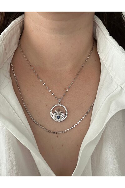 mibrillo قلادة مزدوجة من الفولاذ الفضي اللون مع سلسلة وحلية على شكل عين