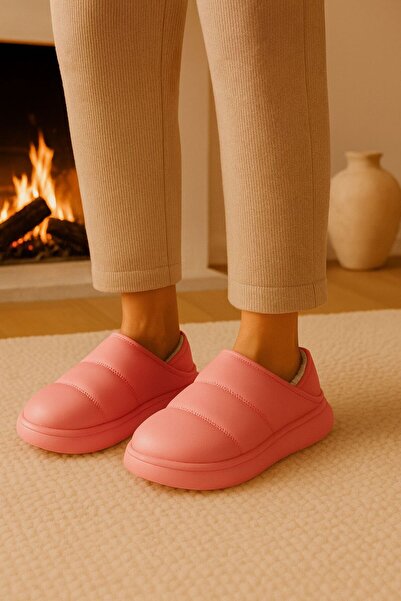 Arma House Peluş İçi Yünlü Kışlık Panduf Pembe Kadın Ev Terliği