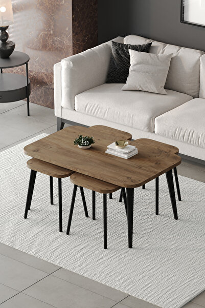 ED Efelez Design Zigon ve Orta Sehpa 5'li Takım , Metal Ayaklı , Roma 4+1 Sehpa , Siyah Metal - Atlantik Çam Tabla