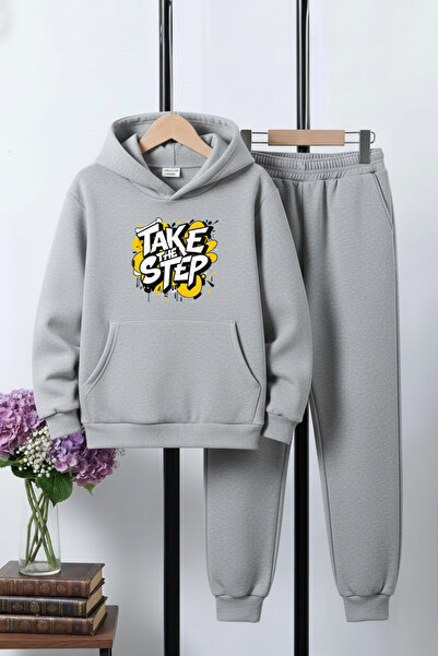 FYK KİDS Σετ αθλητικής φόρμας για αγόρια 3 İplik Ş επένδυση fleece Winter Print Detailed Kangaroo Pocket K με κουκούλα 6 τεμαχίων