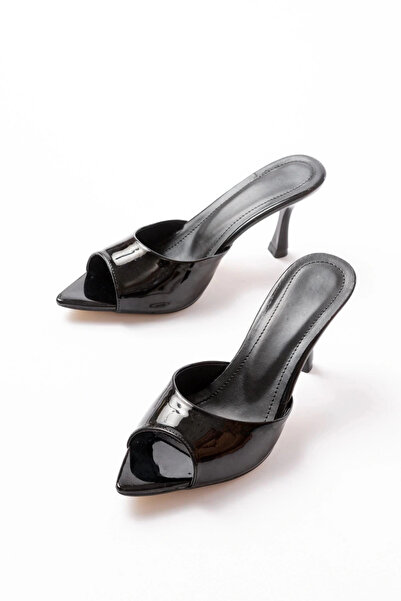 No8 Home 716 Black Patent Leather Pointed Toe Heeled Women's Slippers