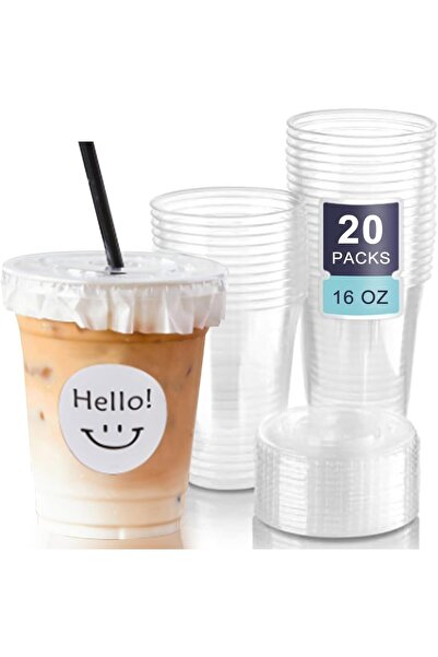 Generic عبوة من 20 كوبًا بلاستيكيًا سعة 16 أونصة مع أغطية وقش وملصقات - مثالية للقهوة المثلجة والعصير والشاي الفقاعي