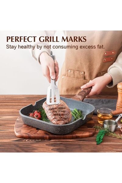 Sensarte Non-Stick Grill Pan for Stovetops with Pour Spouts, Square 9.5-inch