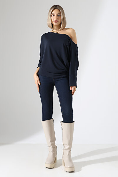 Şiir ALEG Жіноча блузка з круглим вирізом, вільним кроєм, рукавами-крильцями та топом - синя