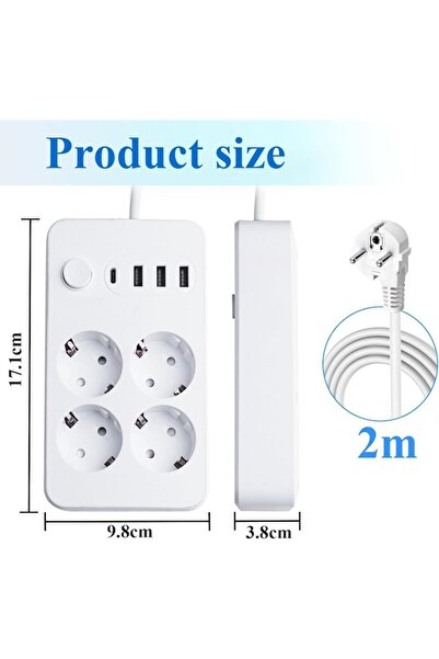 amXea PS-4310-N2W Power Strip White — 4 Schuko Sockets, 1x USB-C, 3x USB-A, 2500W, 2m cable