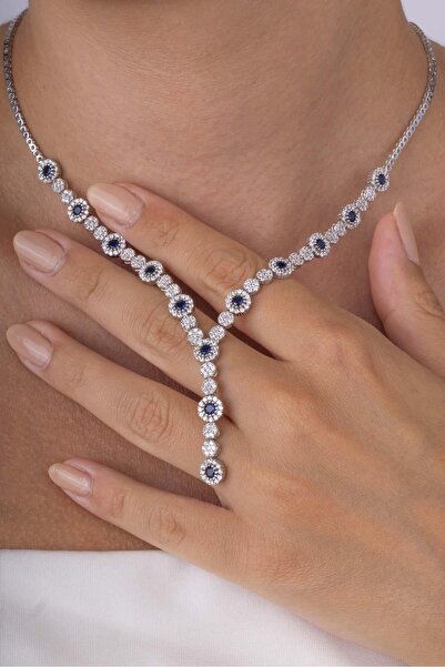 Gümüş Pazarım Safir Taşlı Su Yolu Pırlanta Montür Rodyum Kaplama Gümüş Kolye