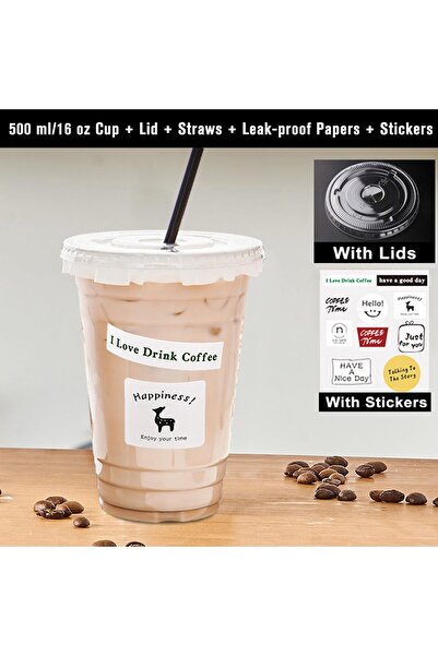 Generic عبوة من 20 كوبًا بلاستيكيًا سعة 16 أونصة مع أغطية وقش وملصقات - مثالية للقهوة المثلجة والعصير والشاي الفقاعي