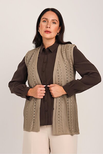 Uludağ Triko Kadın Kum Dantel Desenli İşlemeli Merserize Triko Anne Yelek 30029