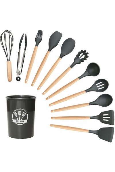 amXea Set de ustensile de bucătărie cu 12 piese, silicon gri închis cu mânere...