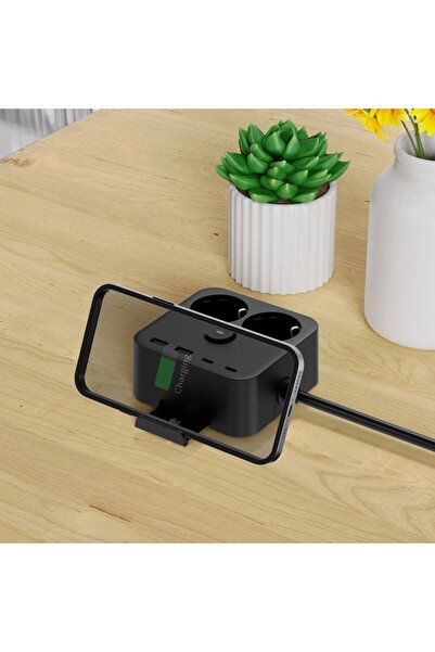 amXea PS-2220-Y2B Power Strip, Black, 2x F sockets, 2x USB-A, 2x USB-C, 2m cable