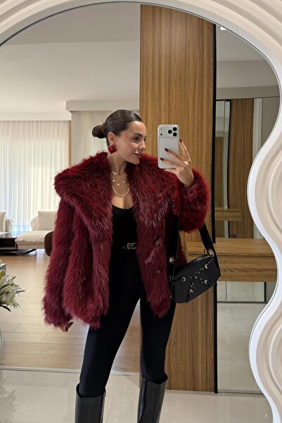 Gizem Ecemiş Beyonce Bordo Yakalı Premium Kürk