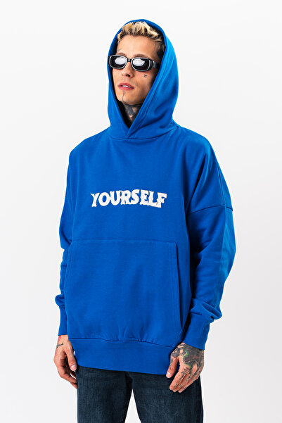 Denim Republic Men's Blue Oversized Sweatshirt with Writing Hooded