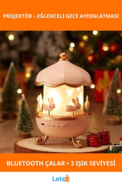 Letsii Tavşan Atlıkarınca Bluetooth Müzik Kutusu ve Projektör Işıklı Gece Lambası