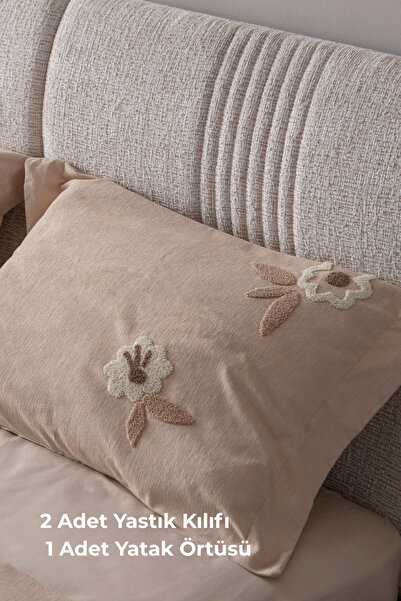 BUGİ HOME COLLECTİON Lalezar Desen Çift Kişilik Nakışlı Yatak Örtüsü Seti Şönil Kumaş Punch Nakışlı 240x260cm